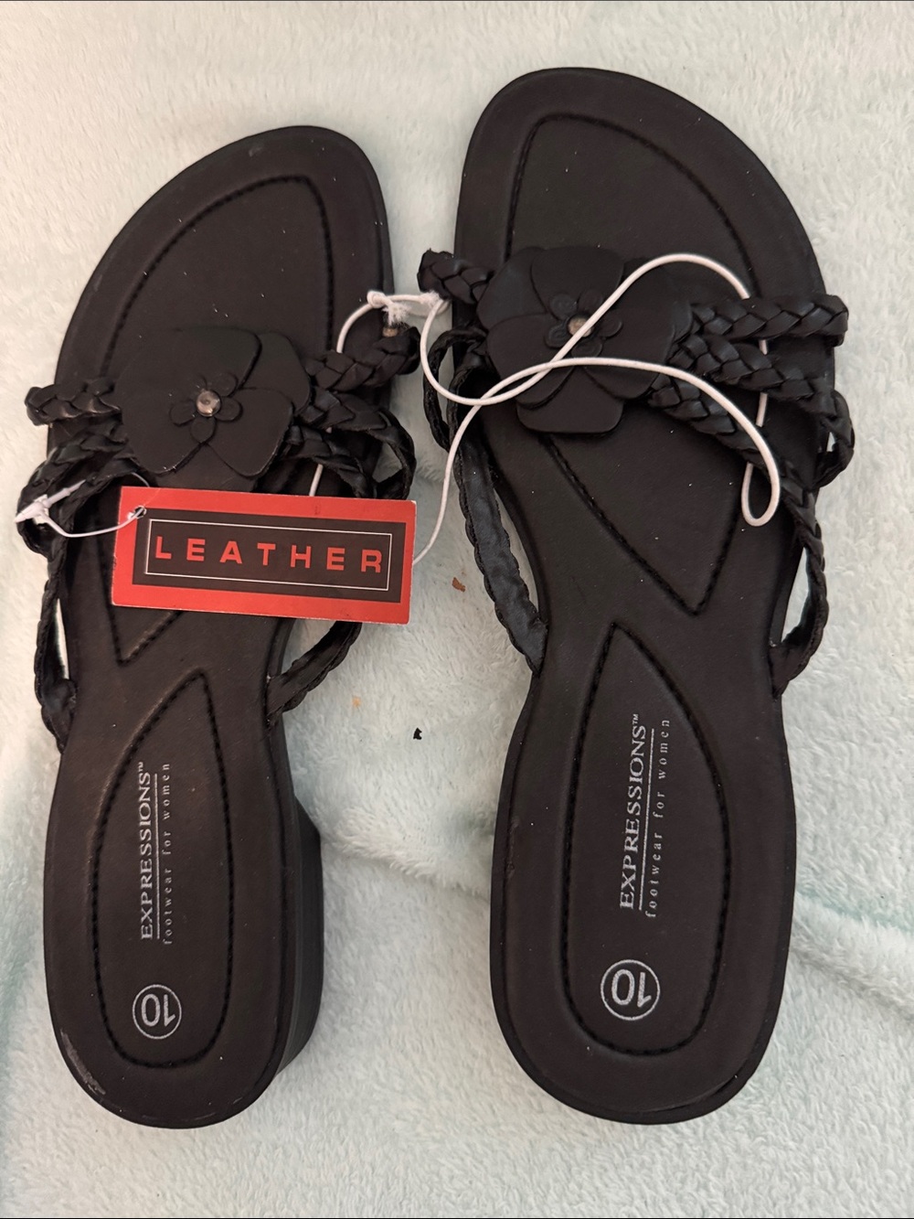 Expressions Black Braided Flower Leather Sandals - Women's
